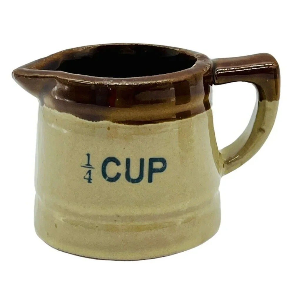 Vintage Stoneware Crock Pitcher Measuring‎ Cup Set of 3 Brown Drip Redware